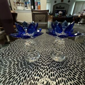 Sorelle Crystal Blue Floral Glass Candlestick Holder Lot of 2